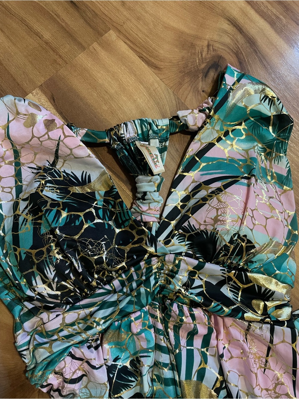 Shoreline Wear Tropical Teal Gold Foil Metallic Halter Maxi Dress S/M - Picture 3 of 9